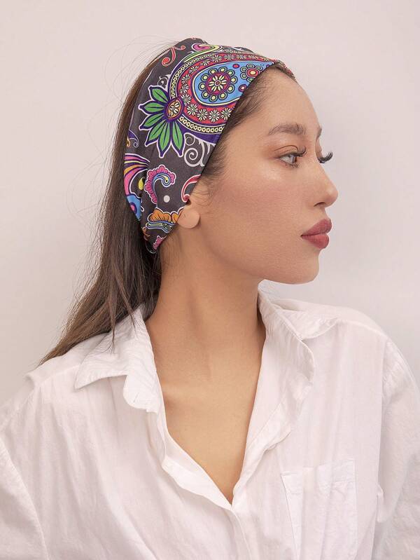 1pc Women's Paisley, Star & Moon Print Headband, Wide Elastic Knotted Hair Band, Fashion Hairband Suitable For Festivals And Daily Wear