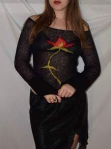 Tops de punto con estampado floral para mujer, camisetas de manga larga con cuello barco y corte ajustado, suéteres transparentes - Flores negras y rojas - Ver 3