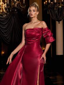 VIPGIRL Elegant Asymmetric Neckline High Slit Maxi Dress In Burgundy, Featuring Luxurious Satin Train, Exuding Opulent Elegance. This Dress Is Suitable For Formal Dinners, Elegant Parties, Galas, Wedding Guests, Graduation Ceremonies And Other Formal Occasions. - Burgundy - View 6