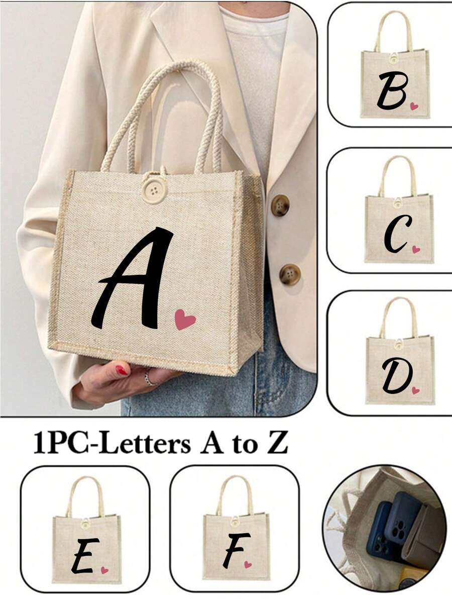 1pc Children's Handbag Shoulder Bag Holiday Gift Bag Square Bag Storage Bag Shopping Bag Multifunctional Light Daily Travel Vacation College Outdoor Shopping Supermarket Festival Classic Simple Solid Color Linen Cute Cartoon Letter Pattern Fashion Casual Bag Suitable For Girlfriends Students Boys Girls Travel Accessories, Back To School Essential - Multicolor - View 1