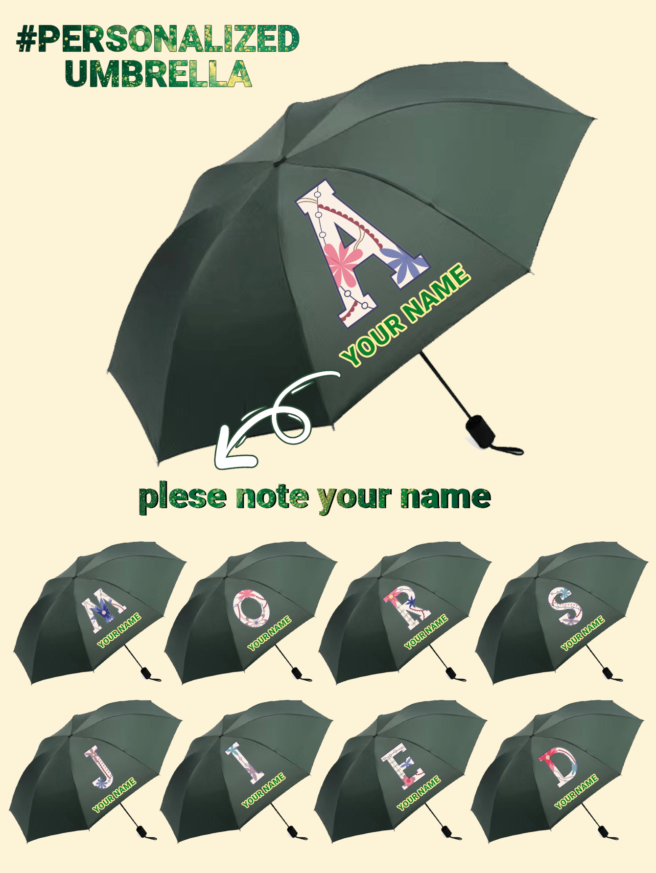 Green Personalized Name Compact Umbrella, Custom Text Foldable Portable Umbrella, Travel Accessory, Gift For Her, Valentine's Day Gift, Custom Children's Party, Teacher's Gift, Back-To-School Season Surprise Gift, Corporate Opening Celebration Gift, Holiday Gift, A Surprise For The Family,Multi-Functional,Ornamental,Letter,Stylish,Modern,Colorful,Cute,Adorable,Casual,Custom,Personalised,Unique,Customized,Ideal Gifts For Him,Ideal Gifts For Her