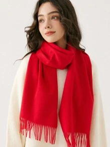 1 pieza Bufanda de color rojo jujube de 30*180cm de imitación de cachemira con flecos, simple y elegante, chal suave para primavera, verano, otoño e invierno, adecuado para salidas diarias, festivales y reuniones - rojo intenso - Ver 9