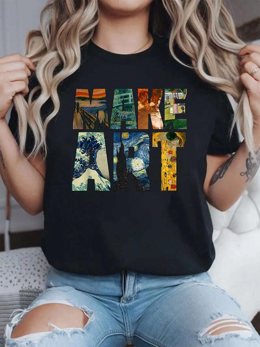 100% Cotton MAKE ART Funny Artist Artistic Humor Painting Cool T-Shirt Print Shirts Print Crew Neck T-Shirt, Women Graphic T Shirts, Casual Short Sleeve T-Shirt For Spring & Summer, Women's Clothing - 黑色 - 查看 1