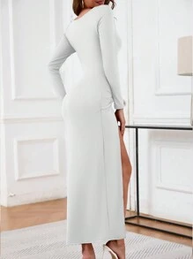 1 Peça Vestido Longo de Manga Longa com Decote Quadrado Sexy, Vazado, Fenda Alta, Estilo Europeu e Americano, Vestido de Festa Leve, Roupa Feminina Popular Cross-Border