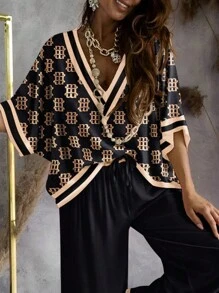 Bohemian Style Pajamas Set, V-Neck Loose Short-Sleeved Top Wide Leg Straight Trousers Can Be Worn Over Home Pajamas - Nhiều màu - Xem 2