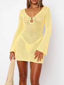 Đầm che bãi biển ngắn tay chữ A khoét lỗ hình tròn gợi cảm tay dài màu trơn - Màu vàng - Xem 2