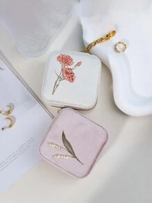 Boîte de rangement rond personnalisé avec fermeture éclair, sac de transport pour fleurs et texte, boîte de rangement en velours pour bijoux Saint-Valentin, boîte de rangement portable et compacte pour bijoux, nouvelle boîte de rangement portable ronde pour bijoux, boîte de rangement en velours pour bijoux de voyage, petit écrin rond portable de style coréen pour boucles d'oreilles, colliers, bagues et ongles, boîte de collection pour bijoux antioxydante