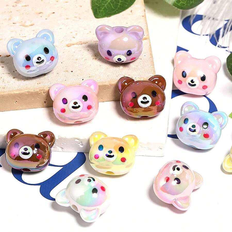 10 pièces de perles acryliques colorées de têtes d'ours et de pandas plaquées multicolores pour la fabrication de bracelets, colliers, chaînes de téléphone portable et pendentifs DIY