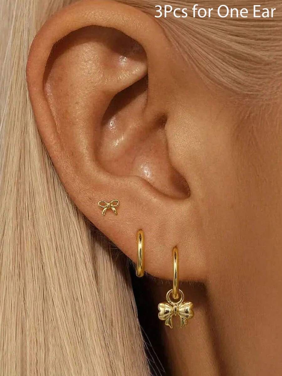 3pcs 14K Gold Plated Earring Set, Includes Bow Pendant Earrings, Fashion Jewelry Gift For Women - Gold - View 1