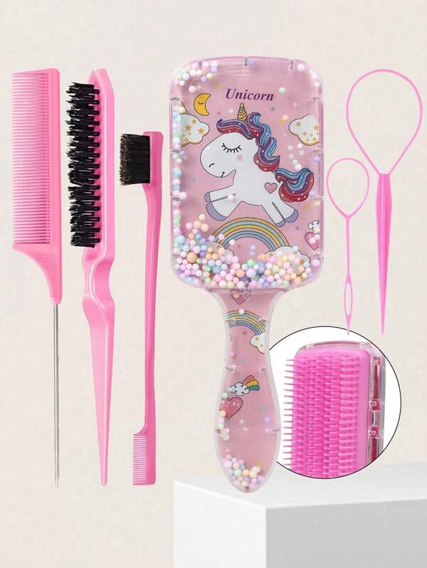 Set de 1/6 piezas de peines de cojín de aire, peine de dibujo animado de unicornio lindo, botella rociadora ultrafina y herramientas para la cola del cabello, cepillo de bordes, cepillo de cerdas, peine de cola de rata, cepillo alisador para alisar el cabello, peluquería, limpieza, salones (negro, rosa, morado)