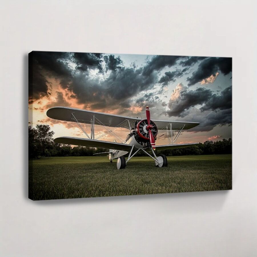 1pc Framed Wrapped Canvas Wall Art Vintage Print Small Airplane On Lush Green Field Canvas Classic Oil Painting Art Home Decor For Living Room, Bedroom, Office