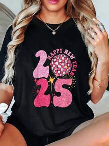 2025 Happy New Year Fireworks Party 2025 Family Matching T-Shirt Round Neck Short Sleeve T-Shirt Women's Men's Graphic Tee