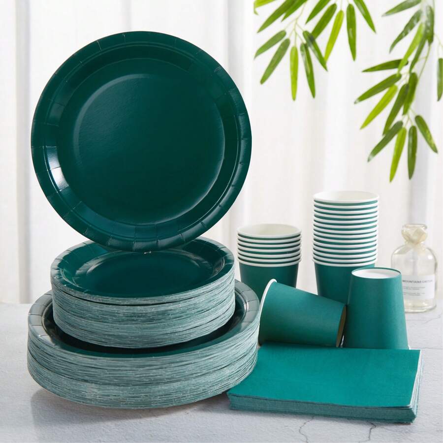 24 Pcs Dark Green Disposable Dinner Plates & Napkins, Party Supplies Suitable For Birthday, Wedding, Party, Family Picnic - Multicolor - View 1
