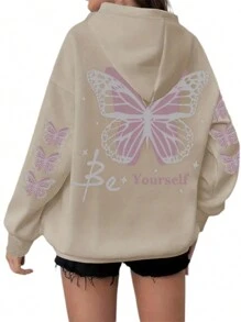 Womens Plus Size Hoodie Loose Butterfly Print Long Sleeve Hooded Sweatshirt With Pocket Casual Streetwear - Khaki - View 3