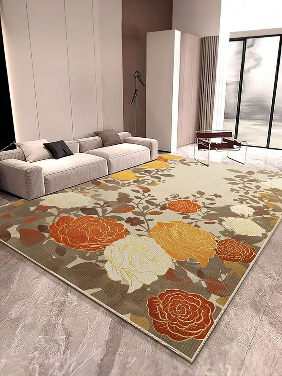 1 Stück mehrfarbiger Blumen bedruckter oranger Teppich für Wohnzimmer, wasserdicht, rutschfest und schmutzabweisend, geeignet für Raumdekor, Küche, Bad, Schlafzimmer, Fußmatte, Flächenteppich und Outdoor-Teppich für Zuhause, hergestellt aus Polyesterfaser, leicht zu reinigen und maschinenwaschbar, geeignet für alle Jahreszeiten und Feiertage