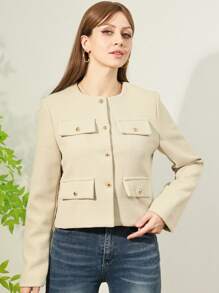 Women's Everyday Fashion Wear Tweed Jacket, Round Neckline Trim Long-Sleeved Solid Color Jacket