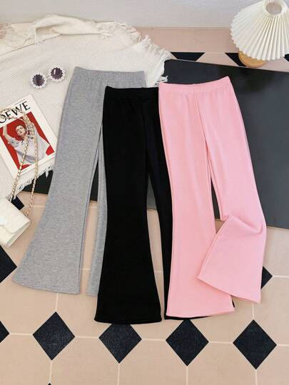 Chatreadl Tween Girls 3-Piece Trousers Casual Elegant Solid Color Soft Non-Falling Velvet Flared Pants Suitable For Autumn And Winter