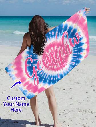 1 pieza Toalla de playa personalizada extra suave de fibra con diseño de gradiente geométrico e impresión de letras, manta de playa, piscina y viaje de moda