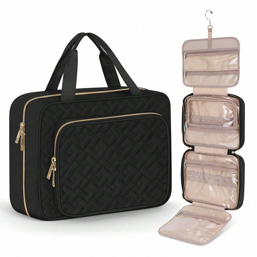 Toiletry Bag With Hanging Hook Cosmetic Travel Bag Weekender 12''L*4.3''W*9'H New Year Christmas Gift For Women Makeup Large Water-Resistant - màu đen - Xem 1