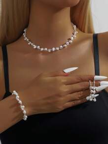 Conjunto de 4 piezas de joyería de mujer con perlas falsas elegantes - collar, aretes, pulsera, adecuado para novia, boda y ocasiones de fiesta