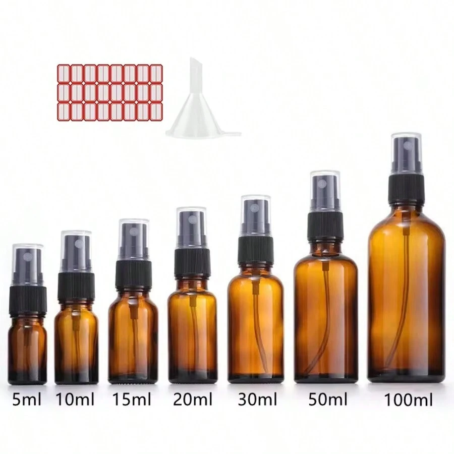 FIGHTYU 1 Stück oder 5 Stück nachfüllbare Mini-Zerstäuber-Flasche für ätherische Öle in Bernsteinfarbe, 5-100ml, inklusive Aufkleber und Trichter
