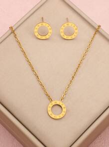 1 Set/3pcs 2025 New Roman Numeral Ring, Stainless Steel Cubic Zirconia Necklace & Earrings Wedding Jewelry Set - Gold - View 2