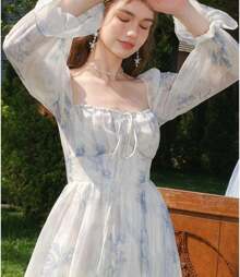Floral Print Square Neck Dress, Elegant Ruffle Hem, Long Sleeve French Dresses - Màu xanh lam - Xem 6
