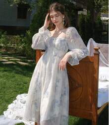 Floral Print Square Neck Dress, Elegant Ruffle Hem, Long Sleeve French Dresses - Màu xanh lam - Xem 3