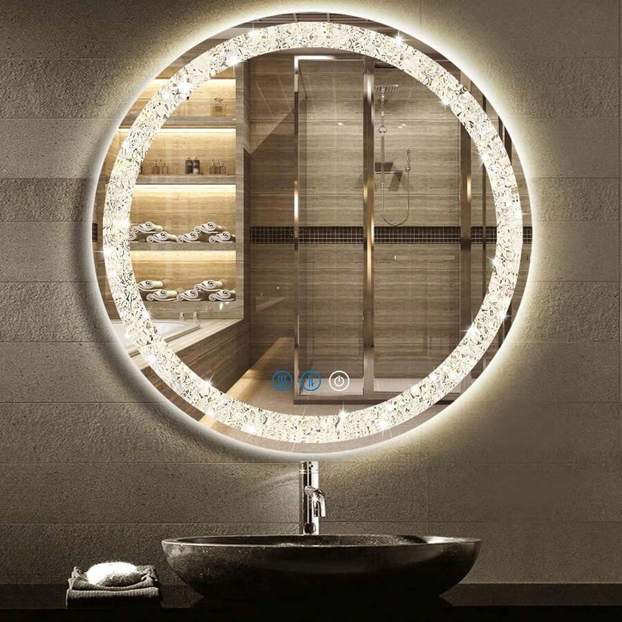 DIDIDADA Espejo de cambiador redondo de vidrio con luces, 3 colores, 20 pulgadas, círculo de vidrio, LED, espejo de baño para baño montado en la pared, espejo iluminado antirempaño, luz inteligente, - 1 - Ver 1
