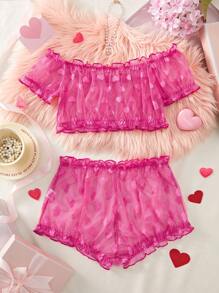 2 件套女士性感内衣套装，露肩舒适背心透明粉色心形透视文胸，适合情人节、夜总会、卧室、情侣