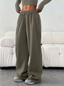 女士休闲宽松纯色抽绳运动裤，带口袋，冬季款 - 卡其色 - 查看 4