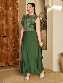 优雅刺绣串珠阿巴雅长袍，V领配腰带，修身端庄，传统沙特绿色长袍，2025年沙特国庆节最新设计 - 綠色 - 查看 8