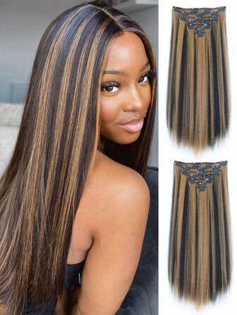 7 件/套 长款 Yaki 直发片 合成夹式接发 优雅 适合日常使用 卷曲接发 发饰 黑色