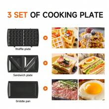 三合一三明治/帕尼尼/华夫饼机套装，配有3个可拆卸不粘烤盘，750瓦功率，非常适合制作三明治、烤奶酪、牛排等，黑色 - 美規A型插(110-127V) - 查看 7