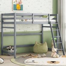Twin Size High Loft Bed With Inclined Ladder, Guardrails,Grey