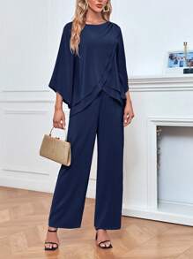 Women's Chiffon 2 Piece Mother Of The Bride Pants Suit Asymmetrical Hem Top And Pants For Wedding Party - Navy Blue - View 3