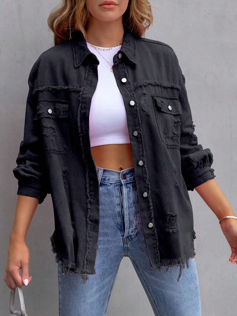 Women's Ripped Distressed Denim Jacket Long Sleeve Button Down Boyfriend Jean Coat Trucker Jacket - Black - View 1
