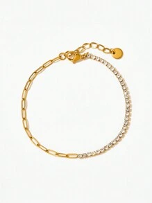 1pc Vintage Luxury 18K Gold Plated Stainless Steel Rhinestone Decor Chain Bracelet, Daily Wear & Wedding Gift For Women