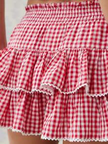 Women Y2k Plaid Ruffle Mini Skirt Flowy Layered Short Skirt Gingham A Line Skirt Cute Summer Streetwear - 紅色 - 查看 4