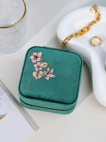 Boîte de rangement rond personnalisé avec fermeture éclair, sac de transport pour fleurs et texte, boîte de rangement en velours pour bijoux Saint-Valentin, boîte de rangement portable et compacte pour bijoux, nouvelle boîte de rangement portable ronde pour bijoux, boîte de rangement en velours pour bijoux de voyage, petit écrin rond portable de style coréen pour boucles d'oreilles, colliers, bagues et ongles, boîte de collection pour bijoux antioxydante