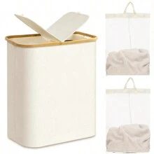 Laundry Basket With Lid, Bamboo Handle Laundry Basket And Removable Laundry Bag, Large Foldable Laundry Basket For Bedroom, Bathroom, Dorm, Laundry Room Laundry Hamper, Washing Basket Bathroom Organizer, Basket, Storage Basket, Foldable Laundry Basket