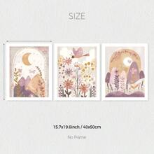 Set Of 3 Cute Boho Flower Moon Sun Wall Arts Canvas Prints, Rama Decor, Wildflower Girls Room Decor Posters, Butterfly Floral Wall Decor, Neutral Soft Mauve Wall Art, Ideal Gift For Living Room, Bedroom, Office, Hallway, Home And Room Decoration, Unframed Rama Gifts Birthday Graduation