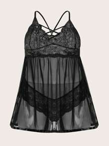 Ensembles de lingerie sexy grande taille pour femmes, Nuisette sexy à dos ouvert en dentelle à lanières