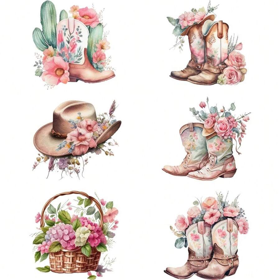 6pcs/Set Western Style Heat Transfer Stickers, DIY Washable Printed T-Shirt Iron-On Patches Decor - Multicolor - View 1