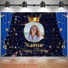 (Customized) Personalized Design With Photo And Name Blue Curtain Golden Crown Decoration Background Polyester Material Suitable For Wedding Anniversary, Anniversary, Birthday Party, Bar, First Photography Background Birthday Gifts Valentine's Day Gifts Mother's Day Graduation, Multi-Functional, Adjustable, Ornamental, Adorable, Modern, Comfortable, Custom, Personalized, Unique, Ideal Gifts For Her, Dad, Mom, Family, Friends, Son, Daughter, Office, Tea Room, School, Home, Home Refresh, Customized Party Backdrops - Multicolor - View 1
