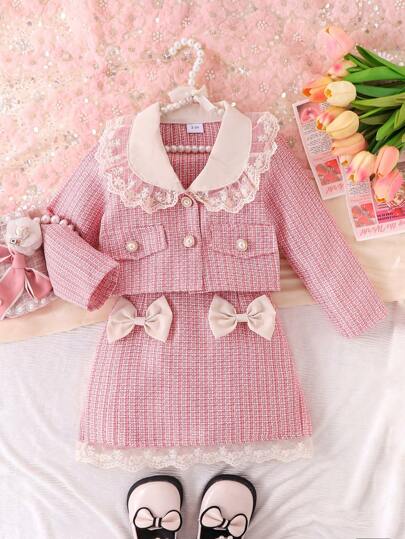 2pcs/Set Young Girl Fashionable Peter Pan Collar Lace Ruffle Long Sleeve Jacket & Bowknot Skirt Set, Spring/Autumn