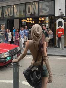 世界末日垃圾摇滚镂空性感 T 恤，露脐千禧年辣妹不对称连帽短款背心，百搭合身小众不寻常短袖套头衫 - 棕色 - 查看 9