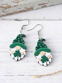 1 对圣帕特里克节复古绿色三叶草矮人吊饰耳环，圣帕特里克节木质双面耳环女士礼物 - 彩色 - 查看 2