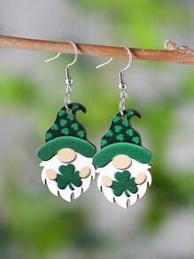 1 对圣帕特里克节复古绿色三叶草矮人吊饰耳环，圣帕特里克节木质双面耳环女士礼物 - 彩色 - 查看 1