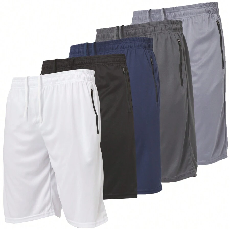 Mens 5 Pack Athletic Running Shorts, Basketball Gym Workout Shorts For Men With Zippered Pockets - 黑色,炭灰色,寶藍色,白色,灰色 - 查看 1